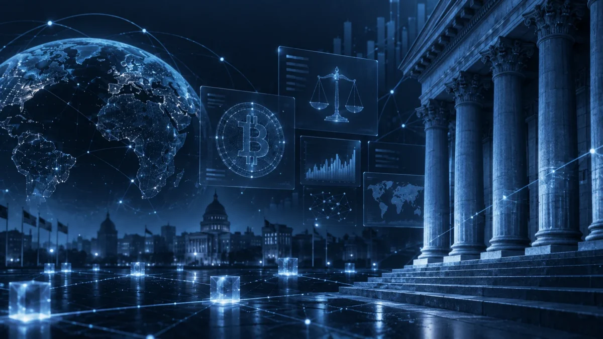 Abstract Bitcoin symbol, market charts and institutional columns