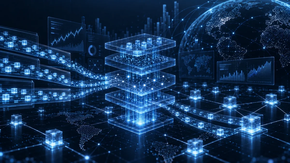 Stacked transparent blockchain layers connected by flowing data lines