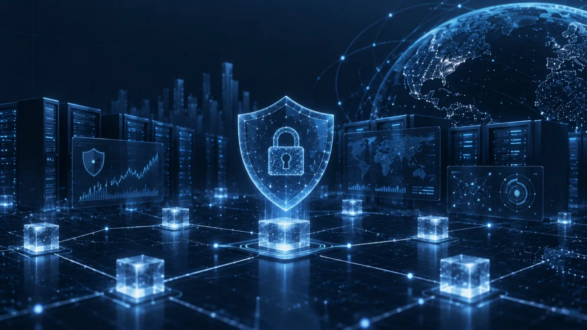 Digital lock shield surrounded by connected servers and data nodes