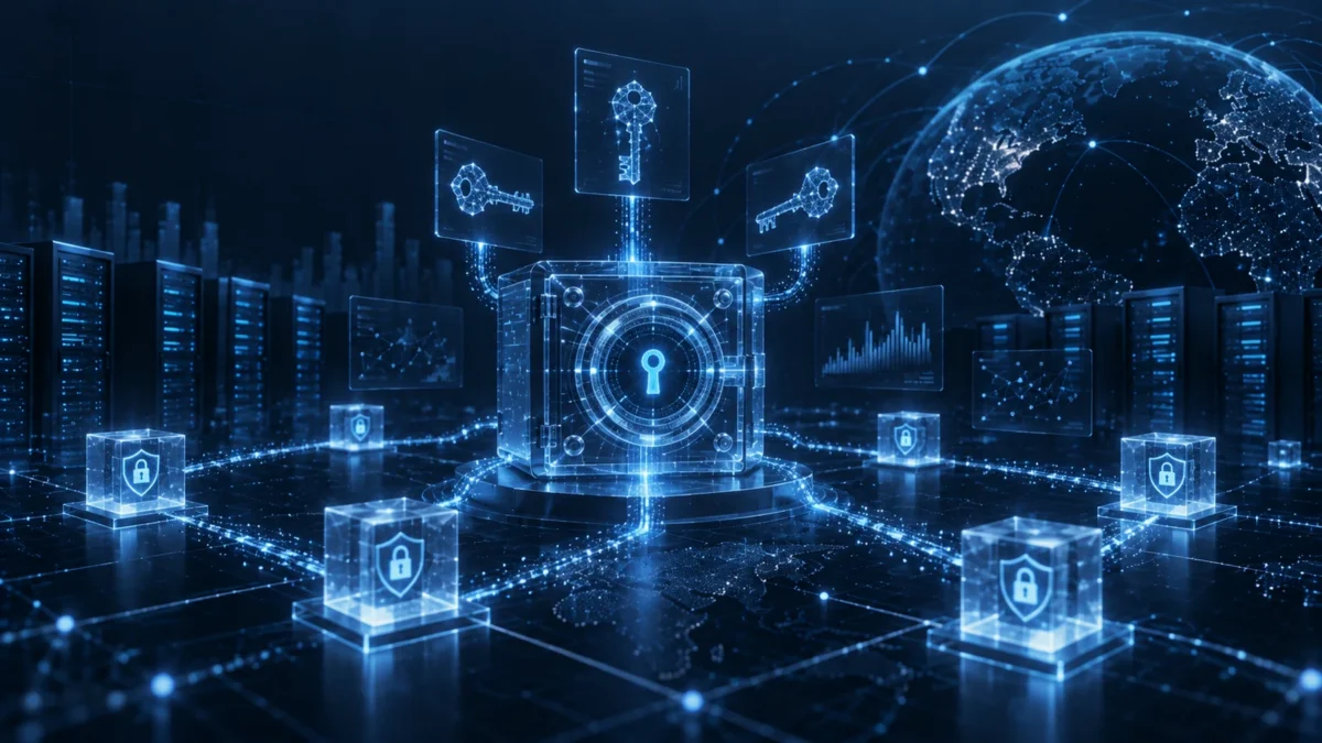 Central digital control node surrounded by distributed security icons