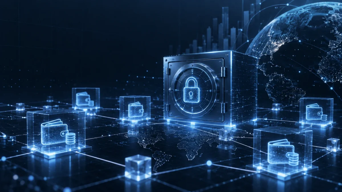 Central digital padlock connected to wallet and document icons