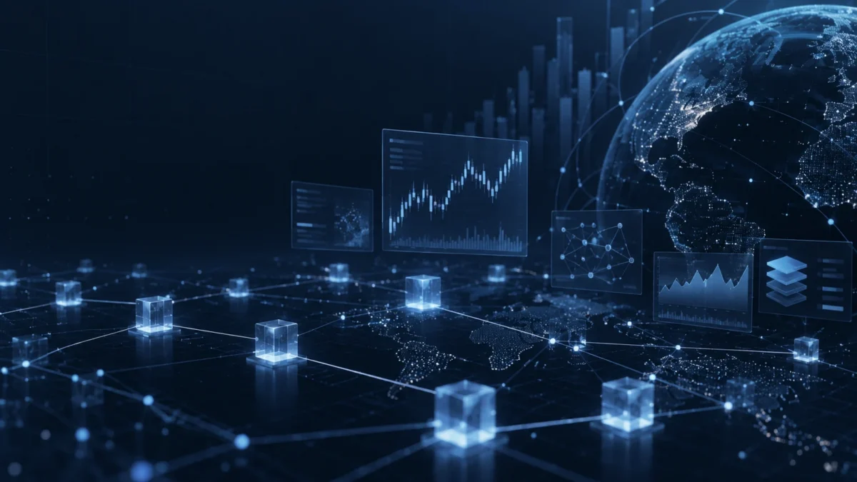Abstract digital market network with charts and connected data nodes