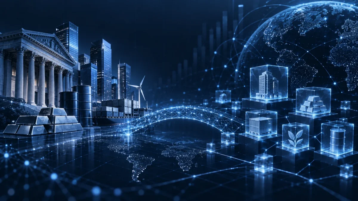 Institutional columns and digital asset blocks connected across a network