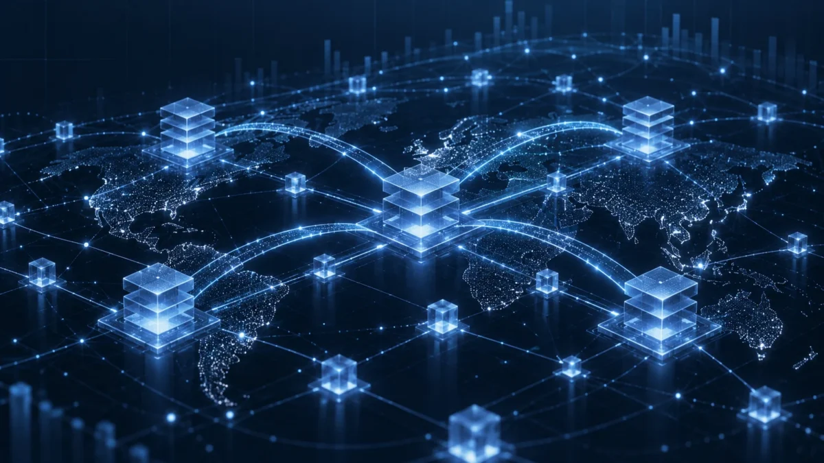 Abstract world map connected by distributed blockchain nodes