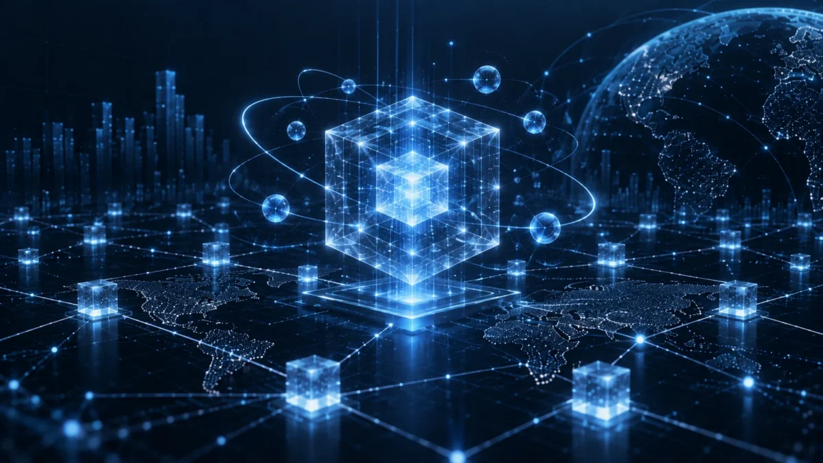 Transparent digital cube surrounded by orbiting network elements