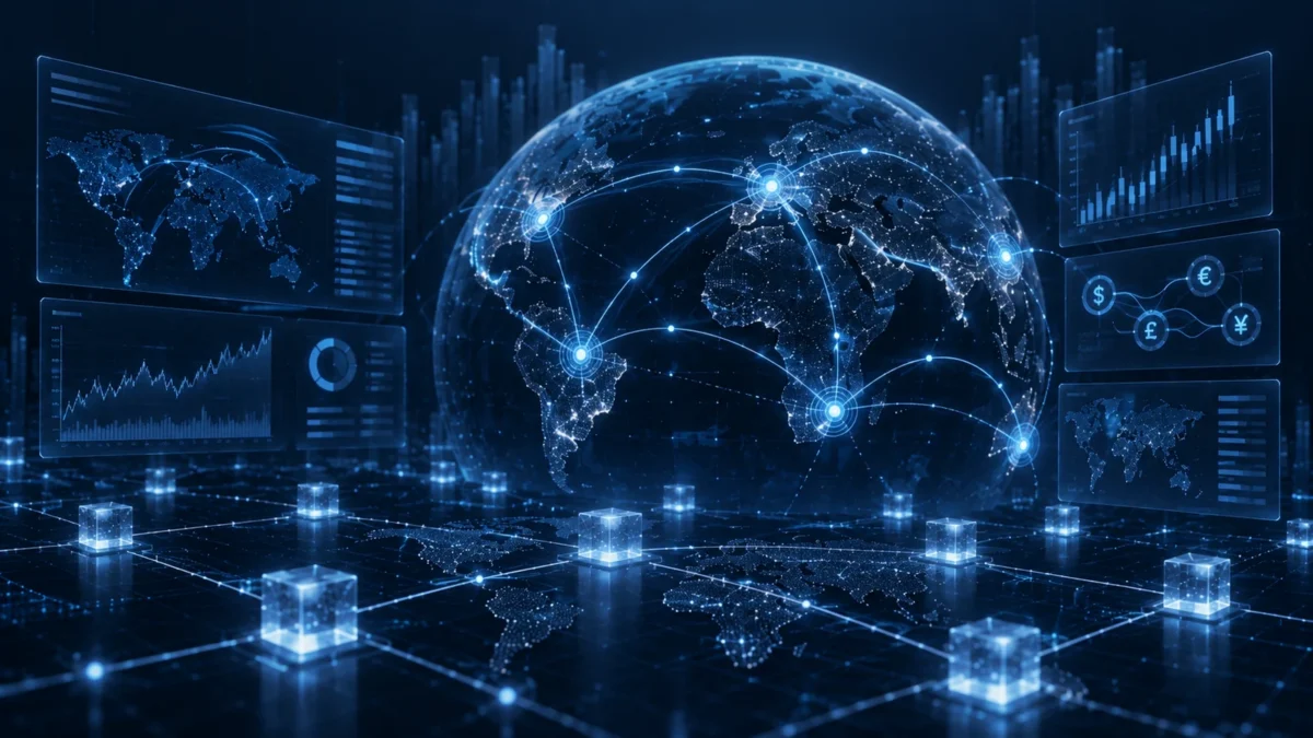 Connected digital globe with market data dashboards
