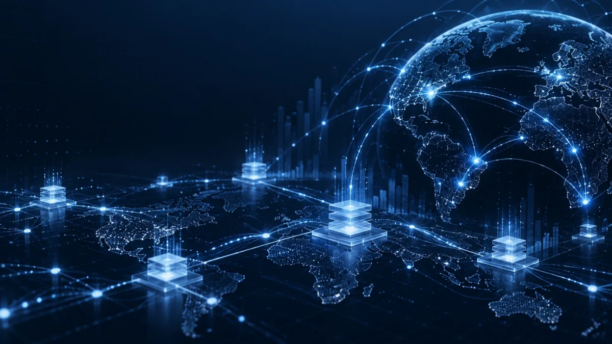 Connected globe above a digital city and network nodes