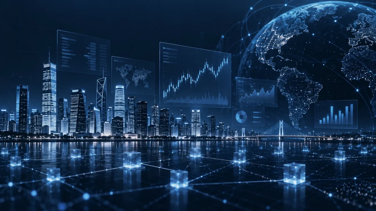 Digital city skyline with market analytics dashboards and network nodes